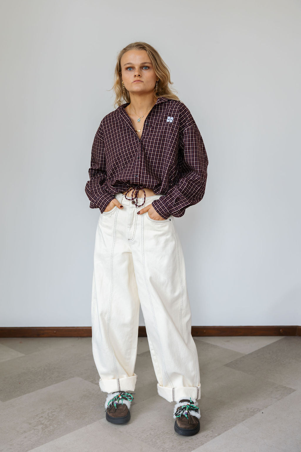 Imprevu Clio Boxy Chequered Blouse-Bordeaux/Beige