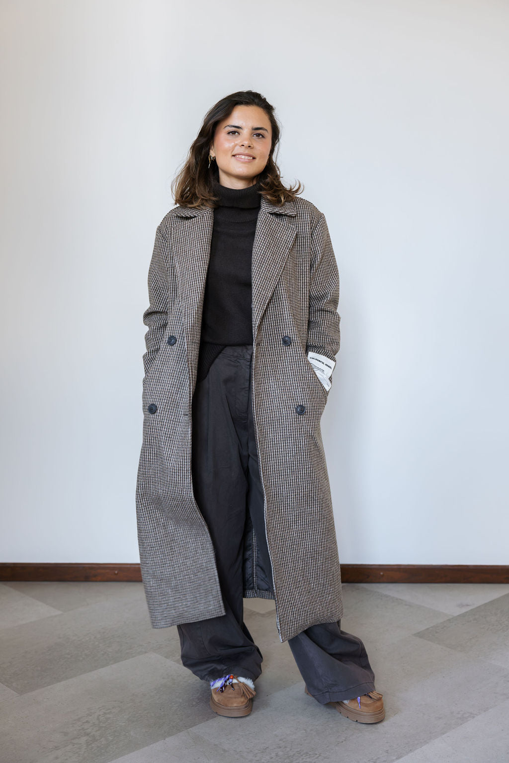 Zania Check Double Breasted Wool Long Coat
