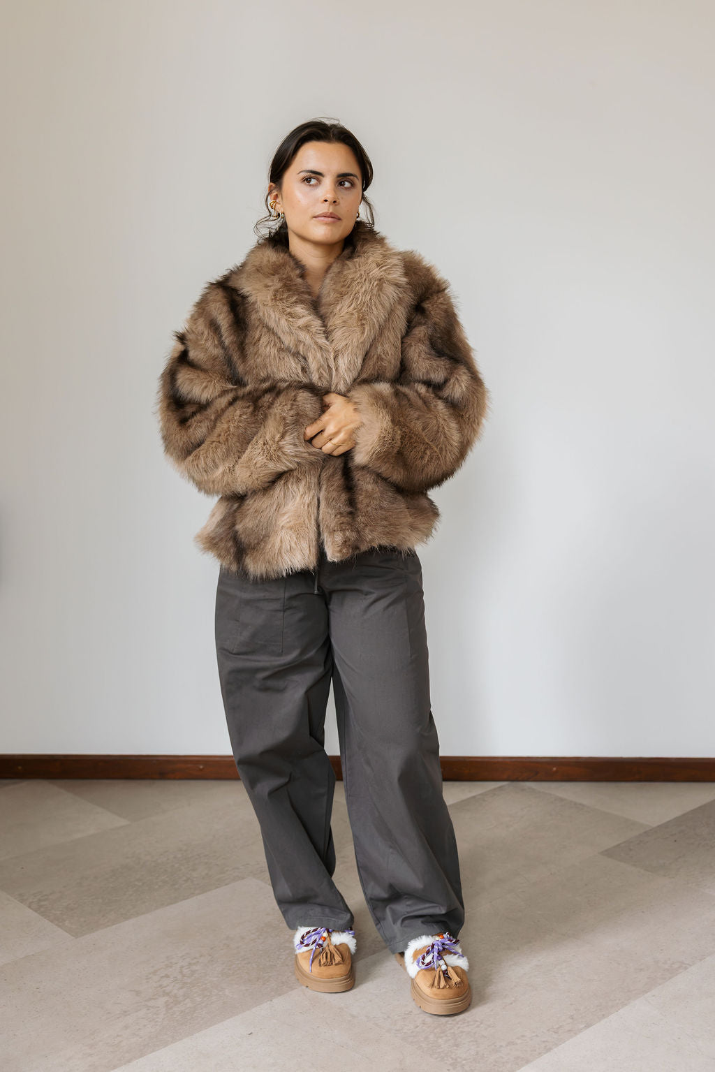 REFINED Woven Faux Fur Jacket Luka - Brown