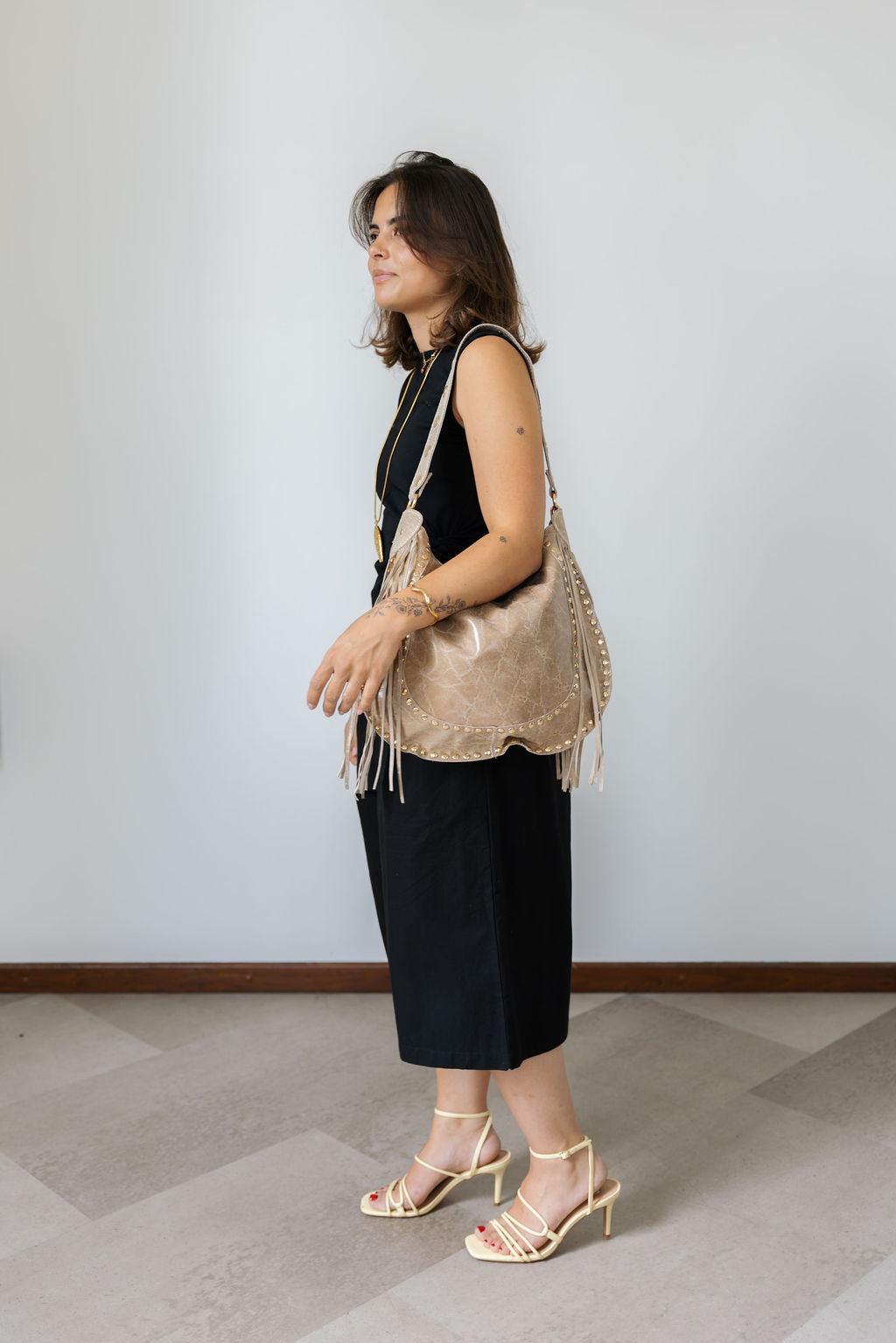 Milou Stud Fringe Handbag Beige