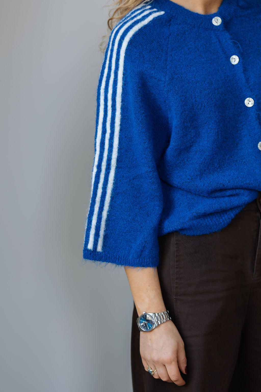 Romy Stripe-Sleeve Cardigan Royal Blue