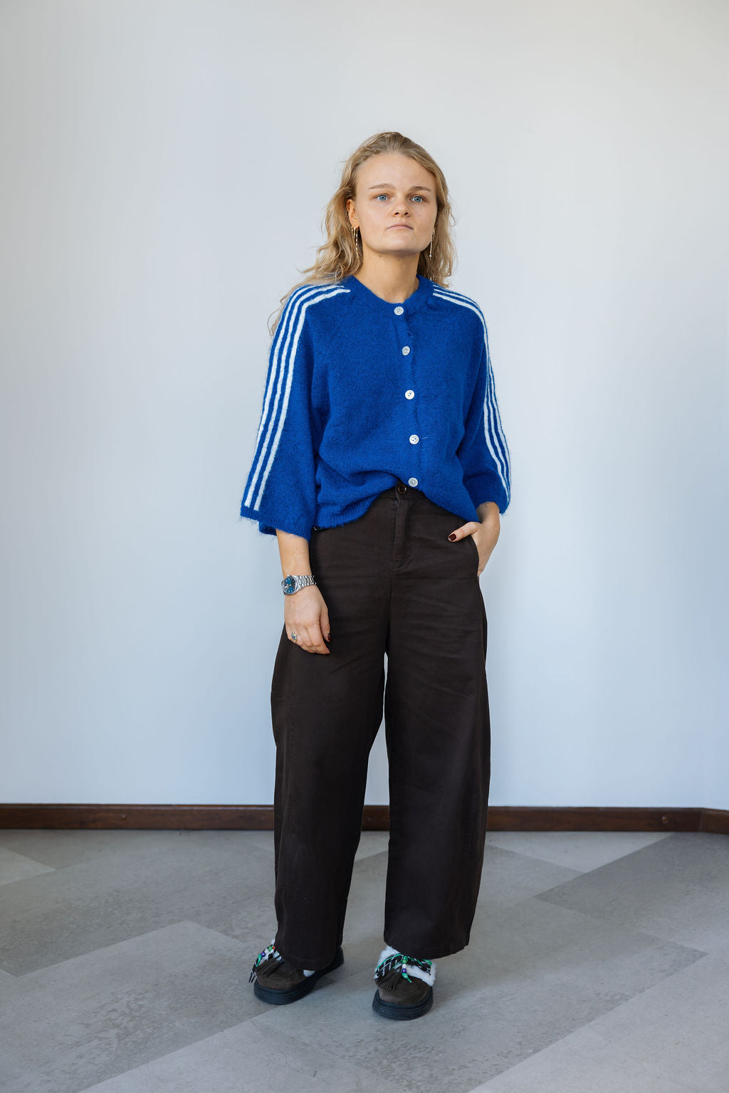Romy Stripe-Sleeve Cardigan Royal Blue