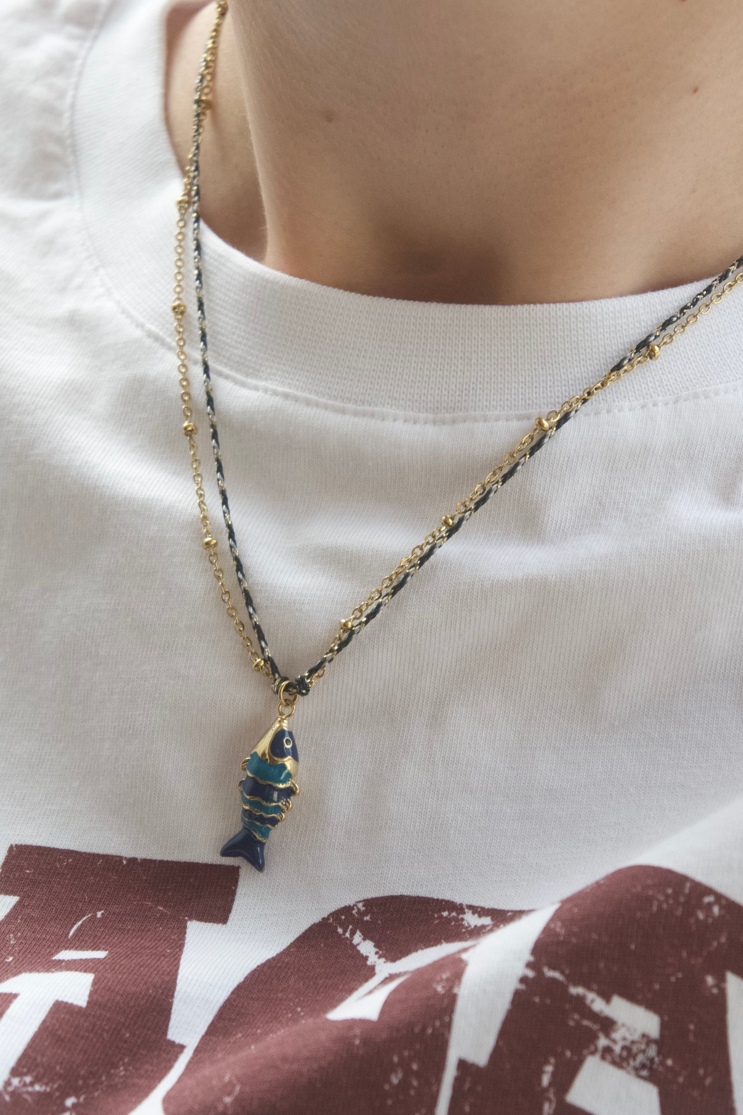 Little Fish Cord Double Necklace-Blue