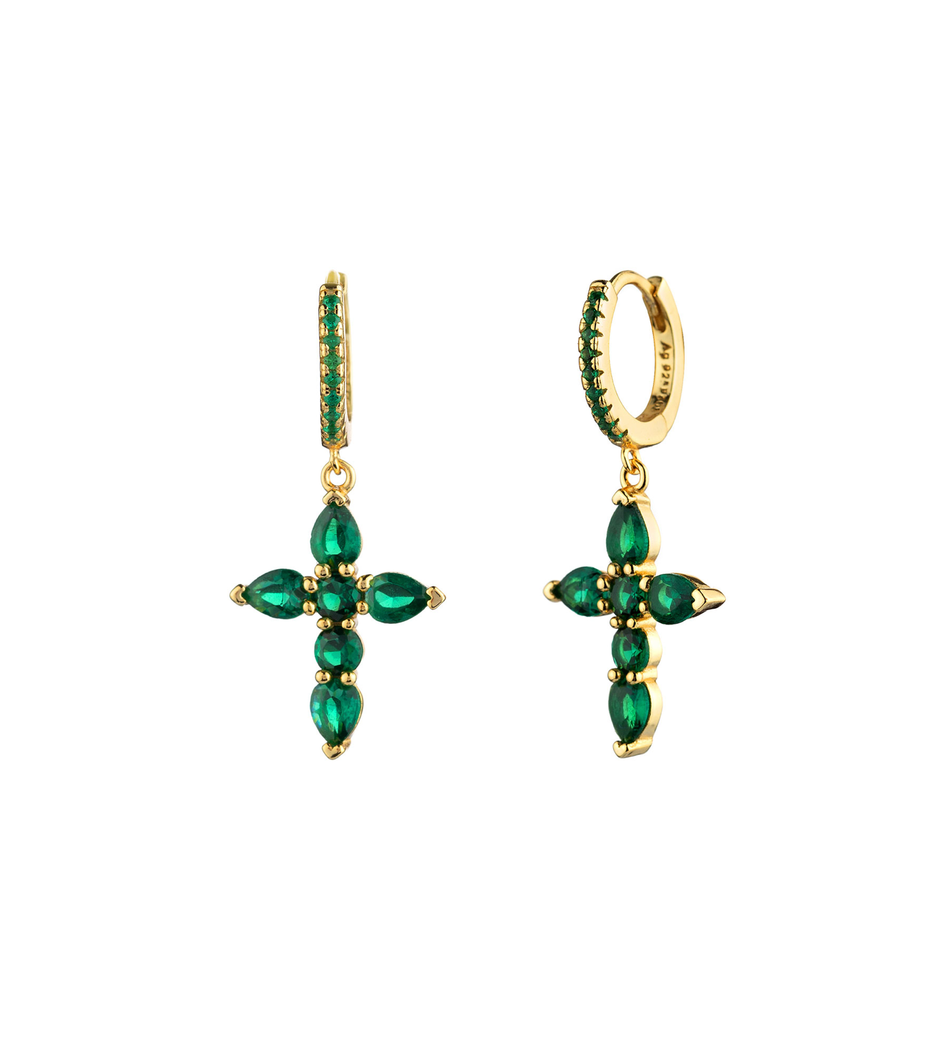 Diamond Cross Earring-Gold/Green