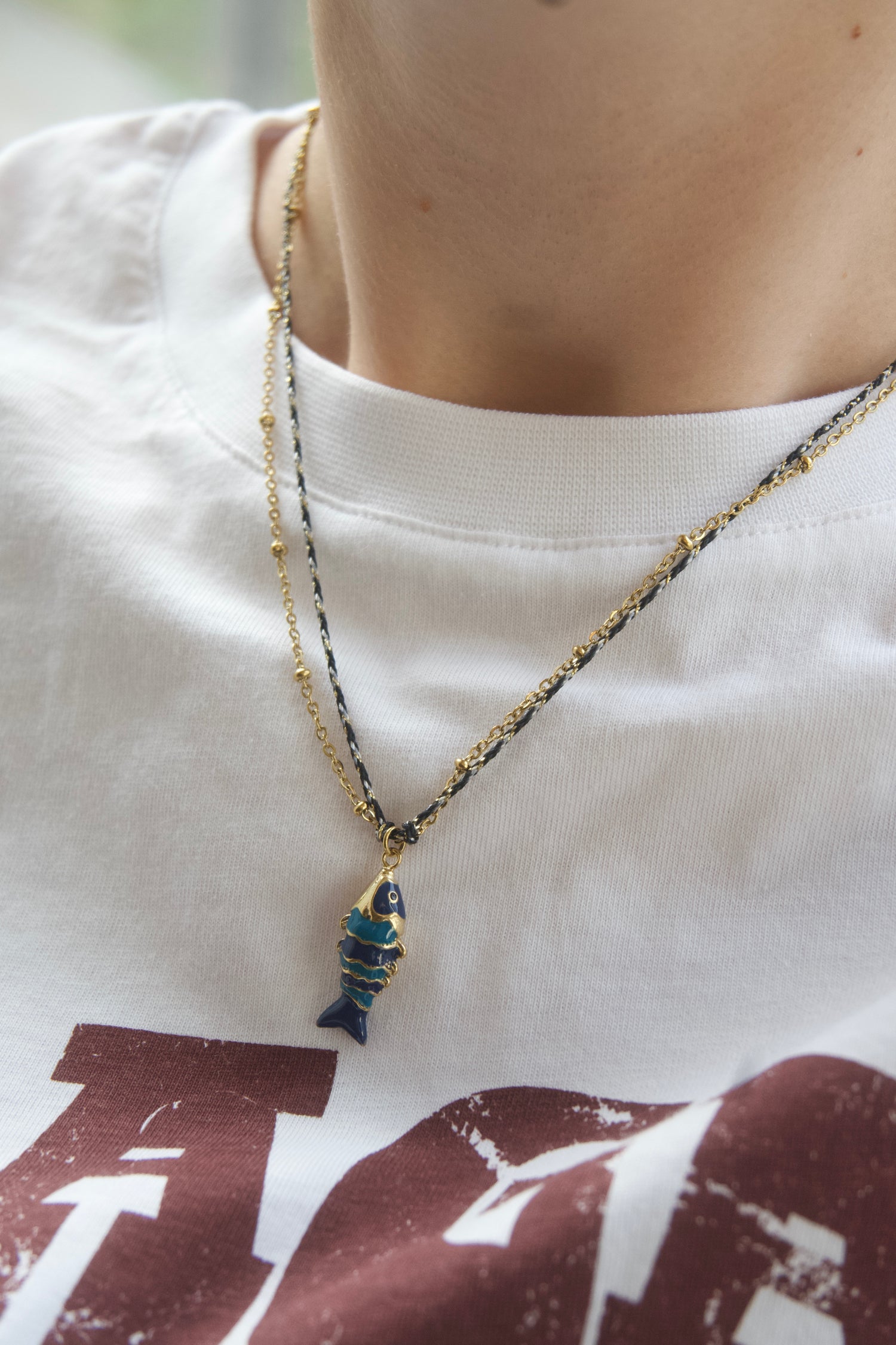Little Fish Cord Double Necklace-Blue