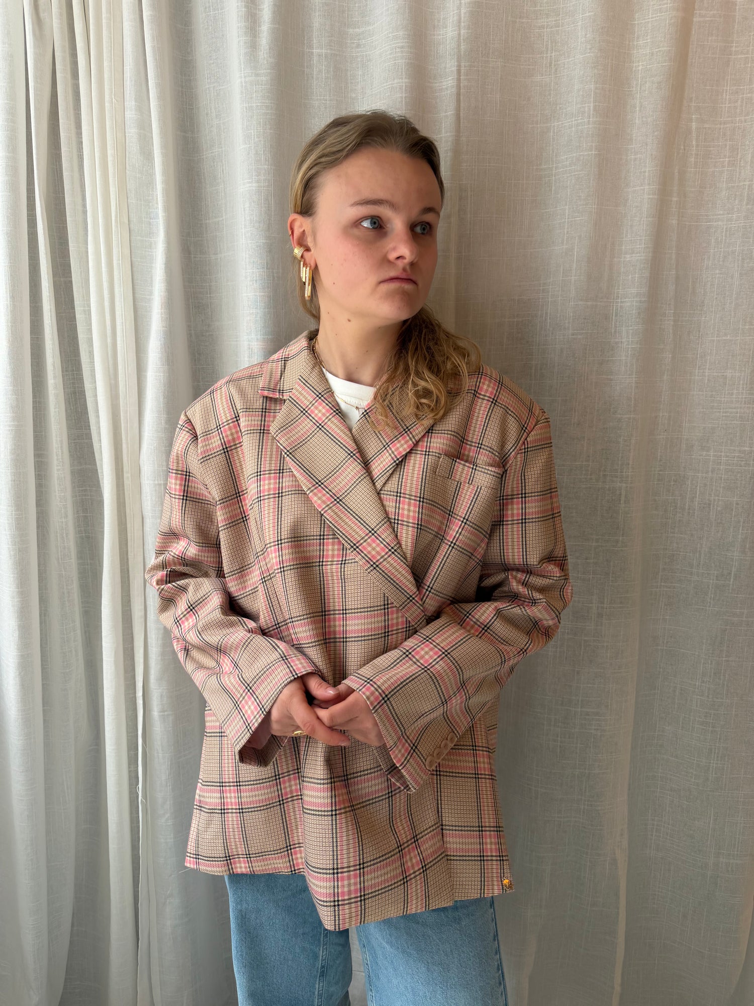 Julie Oversized Chequered Blazer Butter Pink