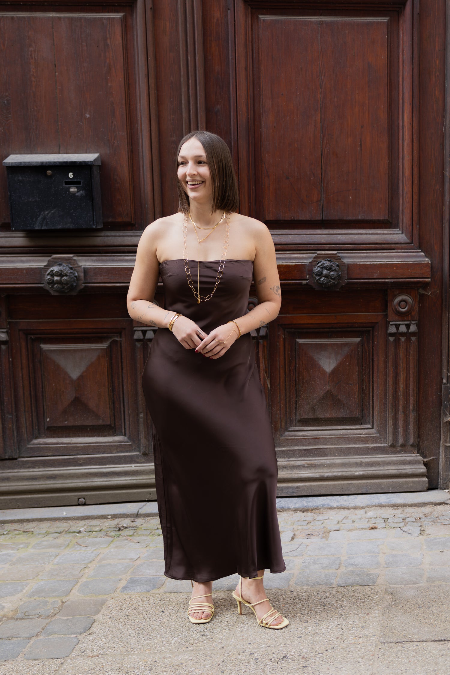 Lieza Off Shoulder Dress Brown