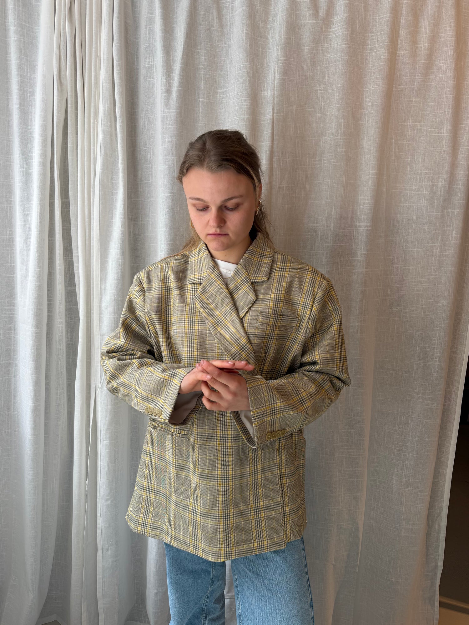 Julie Oversized Chequered Blazer Butter Yellow& Grey
