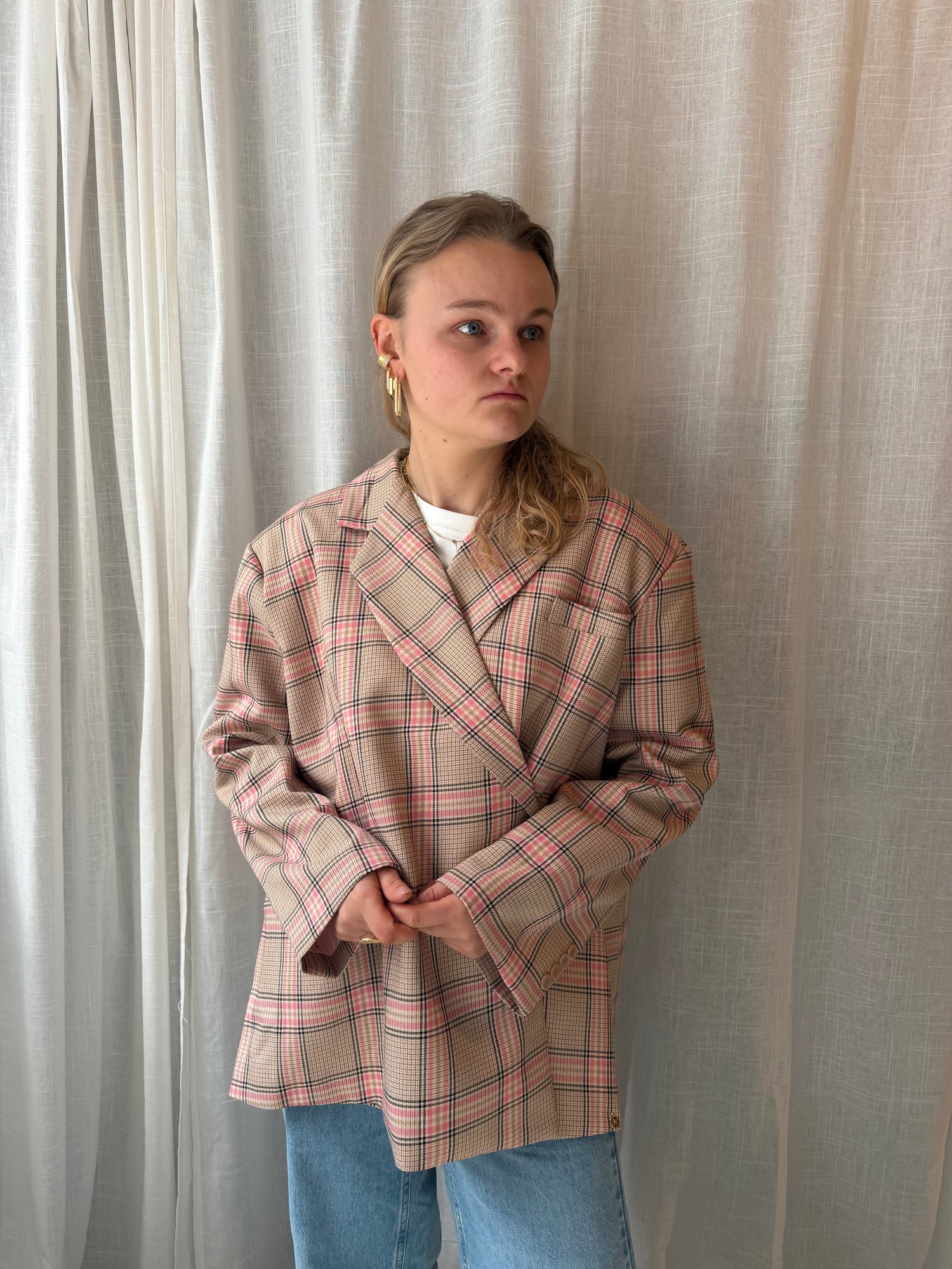 Julie Oversized Chequered Blazer Butter Pink