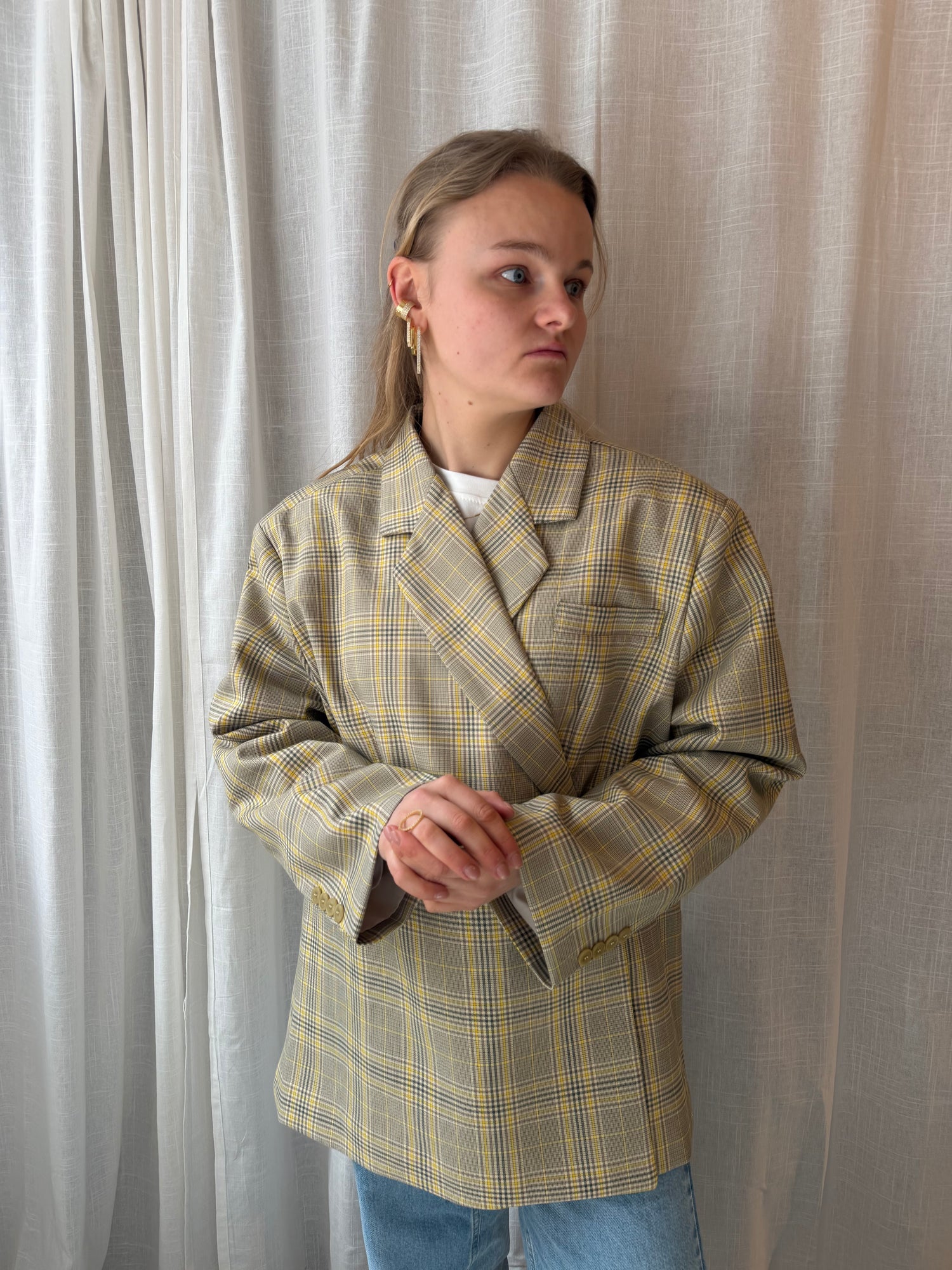 Julie Oversized Chequered Blazer Butter Yellow& Grey