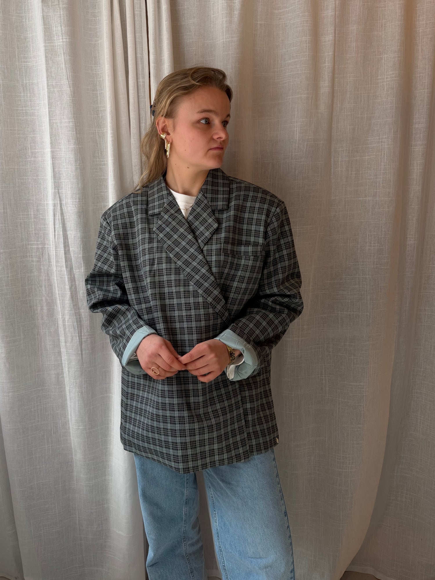 Julie Oversized Chequered Blazer Light Blue