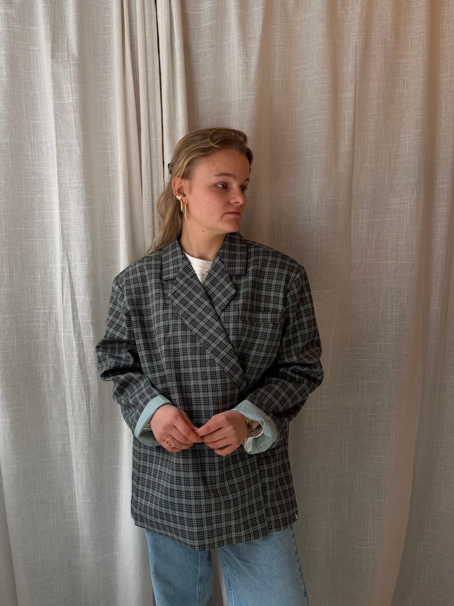 Julie Oversized Chequered Blazer Light Blue